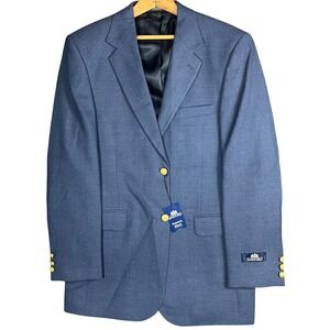 Stafford Hopsack Blazer Mens 38L Blue Gold Crest Button Wool Blend New